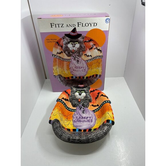 Fitz And Floyd Kitty Witches Ceramic Candy Dish Halloween Decor 11" - Picture 1 of 6